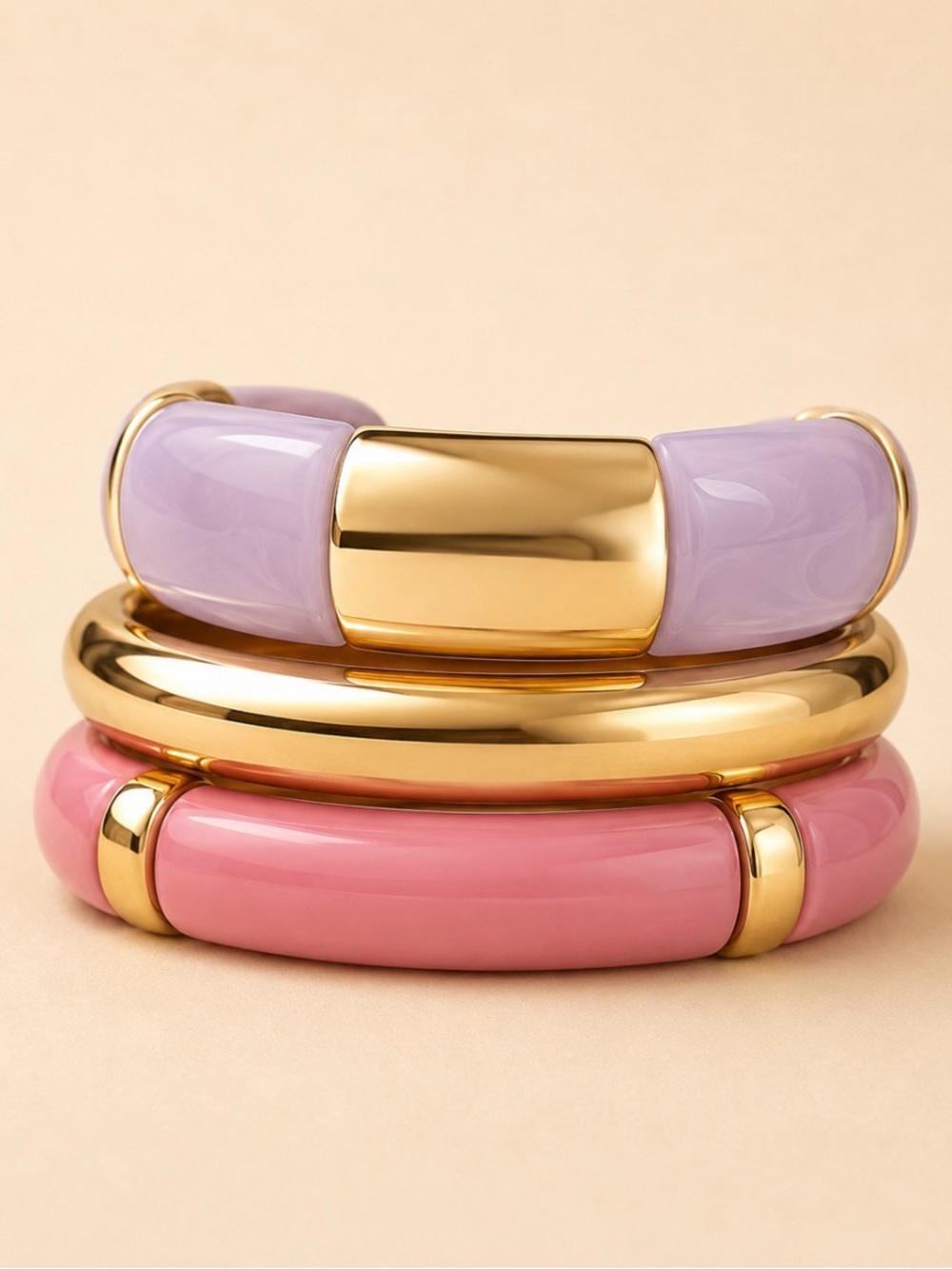 Gold-Tone & Pastel Stackable Resin Bangle Set - Pink and Lavender